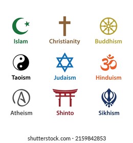 World religion symbols colored. Signs of major religious groups and religions. Christianity, Islam, Hinduism, Buddhism, Taoism, Shinto, Sikhism, Judaism, and Atheism with English labeling. Illustratio