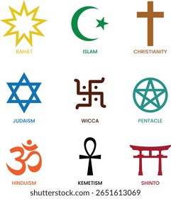 Símbolos da religião mundial coloridos. Sinais de grupos religiosos e religiões. Islã, Cristianismo, Bahai, Judaísmo, Wicca, Pentáculo, Hinduísmo, Quimetismo e Xintoísmo com rotulagem em inglês. Ilustração