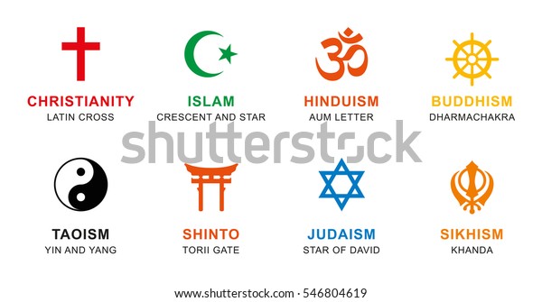World religion symbols colored. Signs of major\
religious groups and religions. Christianity, Islam, Hinduism,\
Buddhism, Taoism, Shinto, Sikhism and Judaism, with English\
labeling. Illustration.\
Vector