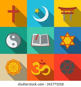 World religion symbols flat set with - christian, Jewish, Islam, Buddhism, Hinduism, Taoism, Shinto, pentagram, and book as symbol of doctrine.