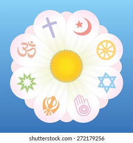 World religion symbols on petals of a flower as a symbol for religious solidarity and coherence - Christianity, Islam, Buddhism, Judaism, Jainism, Sikhism, Bahai, Hinduism. Vector on blue background.