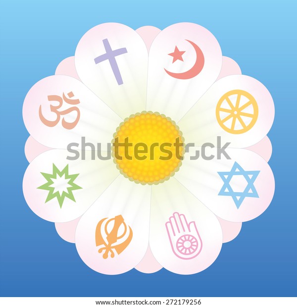 世界宗教は キリスト教 イスラム教 仏教 ユダヤ教 ジャイニズム シキズム バハイ ヒンドゥー教など 宗教的な連帯と一貫性を示す象徴として花びらを象徴しています 青の背景にベクター画像 のベクター画像素材 ロイヤリティフリー