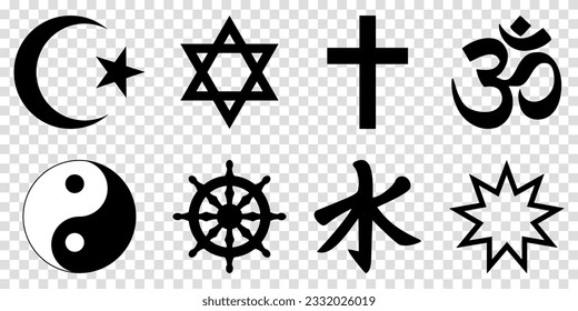 World religion symbols set. Islam, Judaism, Christianity, Hinduism, Taoism, Buddhism, Confucianism, Bahaism. Vector illustration 
