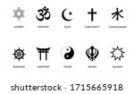 World religion symbols. Signs of major religious groups and religions. Christianity, Islam, Hinduism, Buddhism, Bahaism, Judism, Taoism, Shinto, Sikhism and Judaism, with English labeling. 