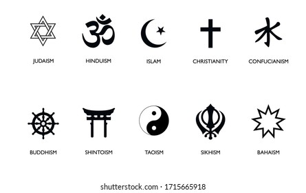 World religion symbols. Signs of major religious groups and religions. Christianity, Islam, Hinduism, Buddhism, Bahaism, Judism, Taoism, Shinto, Sikhism and Judaism, with English labeling. 