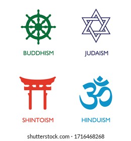 World religion symbols. Signs of major religious groups and religions. Hinduism, Buddhism,  Shinto and Judaism, with English labeling. 