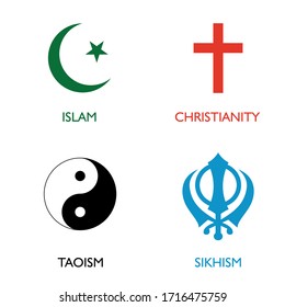 World religion symbols. Signs of major religious groups and religions. Christianity, Islam, Taoism, Sikhism , with English labeling. 