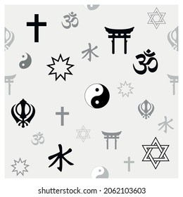 World religion symbols. Signs of major religious groups and religions. Christianity, Islam, Hinduism, Buddhism, Bahaism, Judism, Taoism, Shinto, Sikhism and Judaism, with English labeling. 
