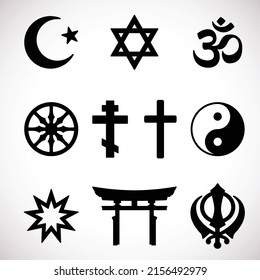 World religion symbols. Signs of major religious groups and religions. Christianity, Islam, Hinduism, Buddhism, Bahaism, Judism, Taoism, Shinto, Sikhism and Judaism, with English labeling.