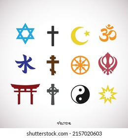 World religion symbols. Signs of major religious groups and religions. Orthodox Christianity, Catholics, Islam, Hinduism, Buddhism, Taoism, Shinto, Sikhism and Judaism, Confucianism, Bahaism. Illustration