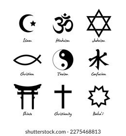 World religion symbols. Signs of major religious groups and religions. Christianity, Islam, Hinduism, Buddhism, Taoism, Shinto, Sikhism and Judaism- isolated vector illustration.