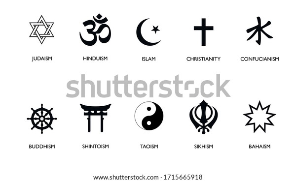 World religion symbols. Signs of major religious groups\
and religions. Christianity, Islam, Hinduism, Buddhism, Bahaism,\
Judism, Taoism, Shinto, Sikhism and Judaism, with English labeling.\
