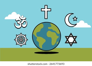 World Religion Unity Concept Vector Illustration Earth Surrounded by Religious Symbols