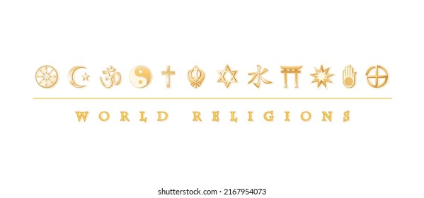 World Religions Banner, Gold Symbol Icons Of 12 Global Faiths On White Background: Buddhism, Islam, Hindu, Taoism, Christianity, Sikh, Judaism, Confucianism, Shinto, Baha’i, Jain, Native Spirituality