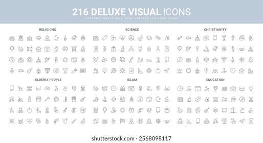 World religions, calendar of fasting and holiday in Islam, Christianity church and holy Bible line icon set. School education, science research and idea thin black outline symbols vector illustration