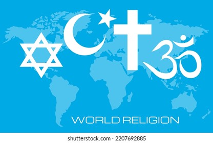 World religions - Christianity, Islam, Hinduism and Judaism on background world map. Vector illustrator