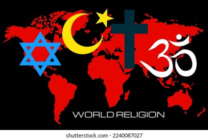 World religions - Christianity, Islam, Hinduism and Judaism on background world map. Vector illustrator