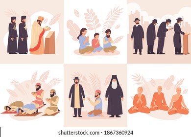 Composición de las religiones del mundo ícono plano conjunto con guionistas rezando cristianos judíos y musulmanes ilustración vectorial