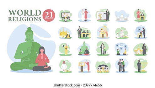 World religions composition set with flat isolated icons of prayers priests and buddha statue with text vector illustration