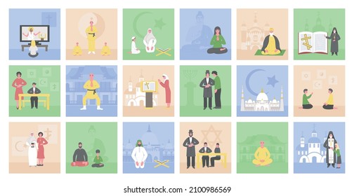 World Religions Compositions Set With Flat Square Compositions Of Human Characters Temples Churches And Religious Symbols Vector Illustration