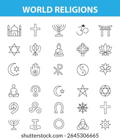 Religiões do mundo e símbolos culturais Line Icons, Cross, Crescent, Om, Star of David, Yin Yang, Torii Gate, and More, fornecidos em formatos editáveis EPS e JPG, ideal para ui e mídia impressa 