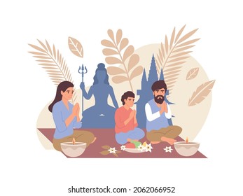 World religions flat composition with characters of buddhist family members praying vector illustration