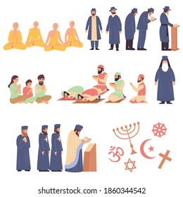 World religions flat set of representatives of different faiths so as orthodoxy buddhism  judaism hinduism islam catholic isolated vector illustration