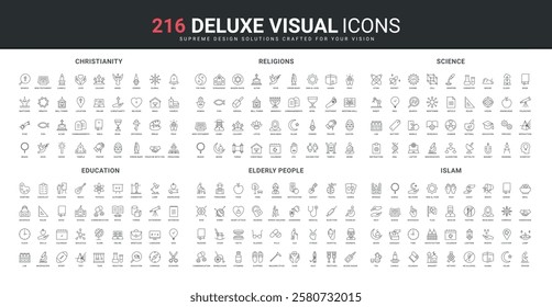 World religions and Islam, Christianity temple and prayer, science, education and skills line icon set. Elderly care in hospital, hobby of pensioners thin black outline symbols vector illustration