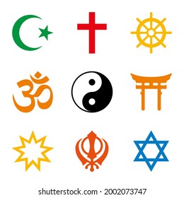 World religions, nine colored symbols of major religious groups and religions. Islam, Christianity, Buddhism, Hinduism, Taoism, Shinto, Bahai Faith, Sikhism and Judaism. Isolated illustration. Vector.