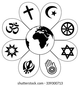 World Religions Planet Earth Flower World religions - flower icon made of religious symbols and planet earth in center. Isolated vector illustration on white background.