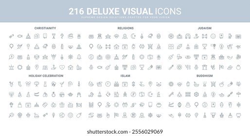 World religions and public holidays celebration line icon set. Judaism, Christianity, Islam, Buddhism thin black outline symbols, temple and holy book, prayer and spirituality vector illustration