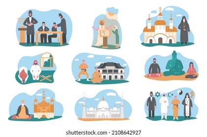 World religions set with flat isolated compositions of saint scenes with temples holy symbols and priests vector illustration