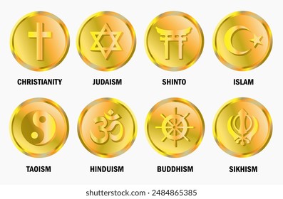 Religiones mundiales. Un conjunto de símbolos de religiones de diferentes países en círculos dorados. Ilustración vectorial