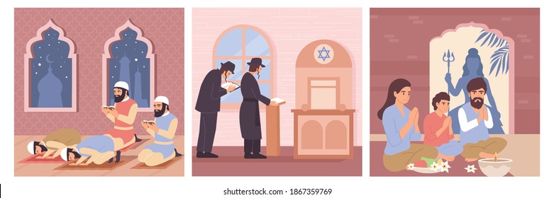 World Religions Set Of Three Flat Compositions With Indoor Sceneries And Praying People Of Different Confessions Vector Illustration