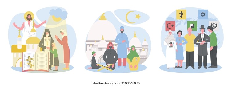 World religions set with three isolated flat compositions with signs human characters of prayers and gods vector illustration