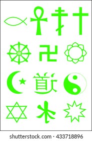 World religions - symbols of christianity, islam, hinduism, buddhism, taoism and others. Green.
