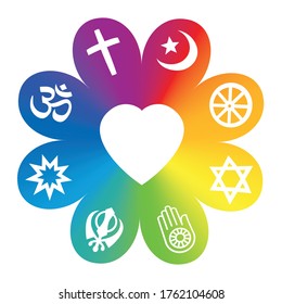 World religions. Symbols on a rainbow colored flower with a heart in center as a symbol for religious unity or commonness - Christianity, Islam, Buddhism, Hinduism, Judaism, Jainism, Sikhism, Bahai.
