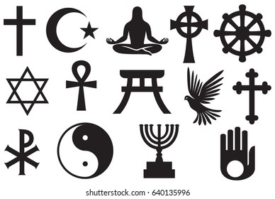 World religions symbols set - Christianity, Islam, Jewish, Buddhism, Hinduism, Taoism, Shinto, Jainism 