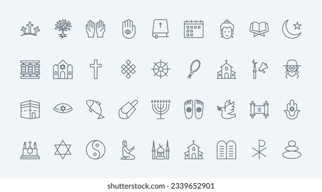 World religions thin black line icons set vector illustration. Outline symbols, holy books and temples of Buddhism and Christianity, Islam and Judaism, religious pictograms collection for praying