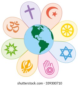 World religions united on a colorful flower with planet earth in center. Isolated vector illustration on white background.