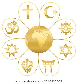 World religions united on a golden flower with planet earth in center. Signs of major religious groups and religions. Christianity, Islam, Hinduism, Buddhism, Taoism, Shinto, Sikhism and Judaism.