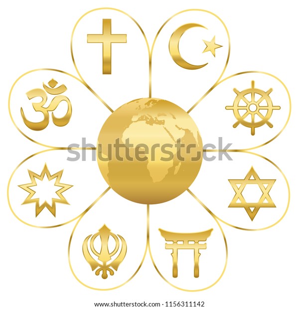 世界の宗教は 地球を中心にした金色の花に結びついた 主要な宗教団体や宗教の兆候 キリスト教 イスラム教 ヒンドゥー教 仏教 道教 神道 シク教 ユダヤ教 のベクター画像素材 ロイヤリティフリー