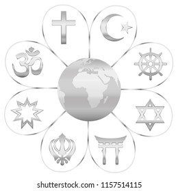 World religions united on a silver flower with planet earth in center. Signs of major religious groups and religions. Christianity, Islam, Hinduism, Buddhism, Taoism, Shinto, Sikhism and Judaism.