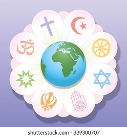 World religions united as petals of a flower - a symbol for religious solidarity and coherence - Christianity, Islam, Buddhism, Judaism, Jainism, Sikhism, Bahai, Hinduism. Vector illustration.