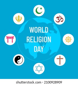 World Religious Day With Religious Symbols Icons And Blue Background. Can Be Used For Templates, Banners, Posters, Backgrounds. Vector Illustration