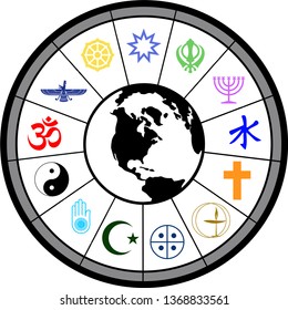 World Religious in The Medicine Wheel Symbols With Earth Globe Silhouette