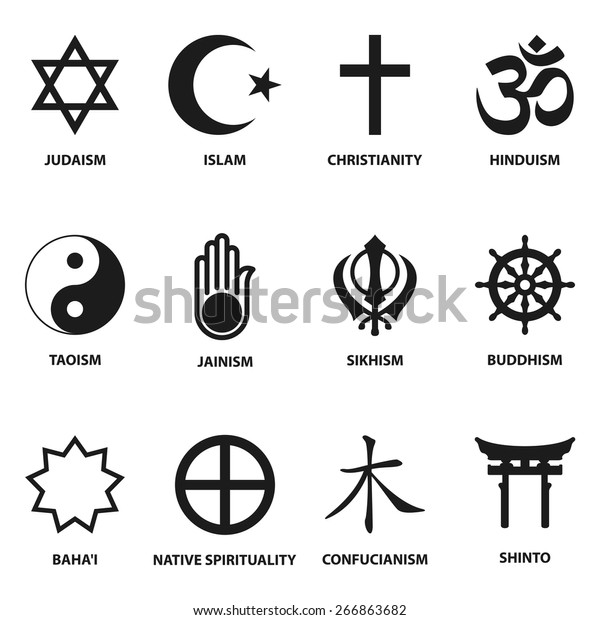world religious sign and\
symbols collection, isolated on white background. vector\
illustration