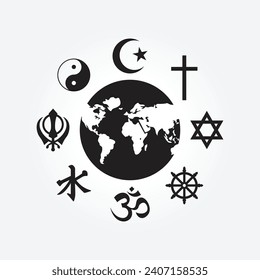 world religious symbol. religions islam, buddhism, taoism, judaic, christian and sikh vector illustration