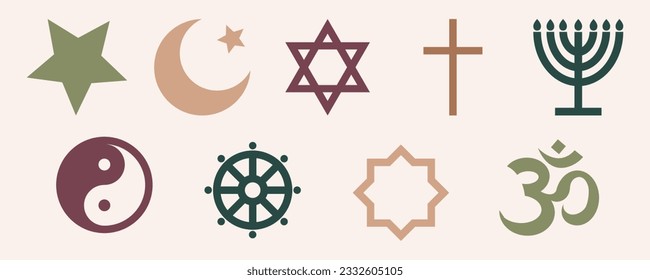 World religious symbol set elements. Collection of shape silhouette - islam, judaism, buddhism, christian, taoism, menorah. Vector flat illustration isolated on white background.