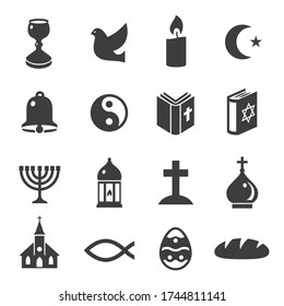 World religious symbols black silhouette icons set isolated on white. Christianity, islam, judaism, taoism pictograms collection. Cross, lantern fanous, yin yang vector elements for infographic, web.